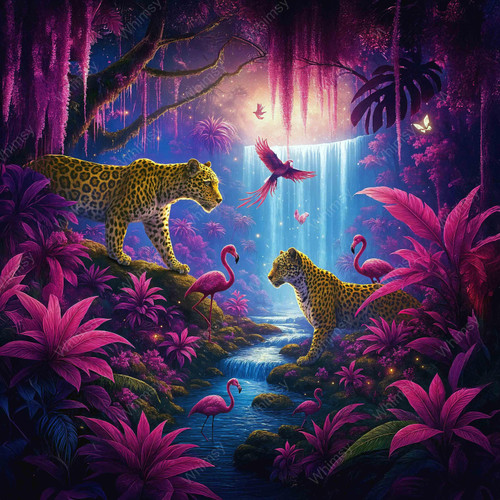 Two leopards in a vibrant jungle scene with flamingos and pink foliage – Jungle Afterglow decoupage design
