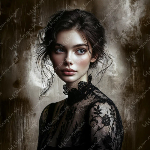Vintage-style portrait of a graceful young woman with dark flowing hair, wearing floral black lace in an antique-inspired setting, designed for extra-large decoupage and creative decor.