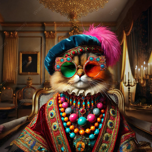 Aristocat decoupage paper featuring regal cat in jeweled costume with pearls and feathered hat