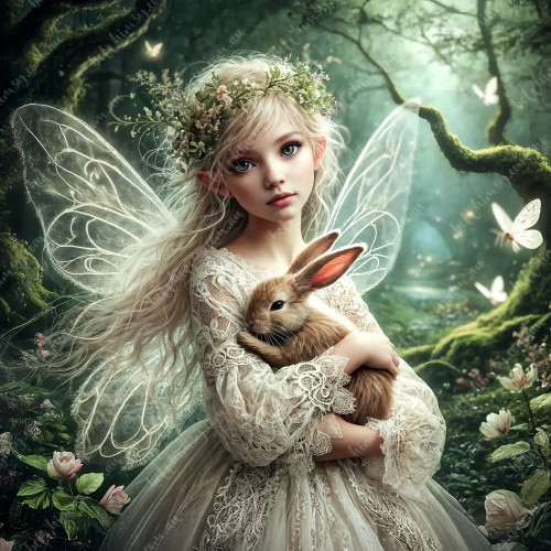 Enchanting Fairy Decoupage Paper: Portrait of a blonde fairy with translucent wings, wearing a white lace dress and a floral crown, gently holding a brown rabbit in a mossy forest.