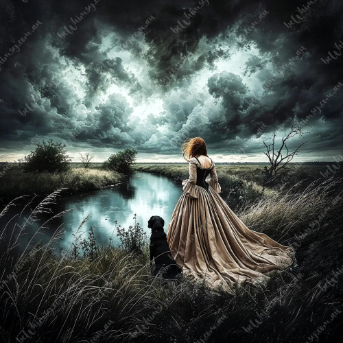 Whimsical furniture transfer of a windswept field under a dramatic cloudy sky by a river.