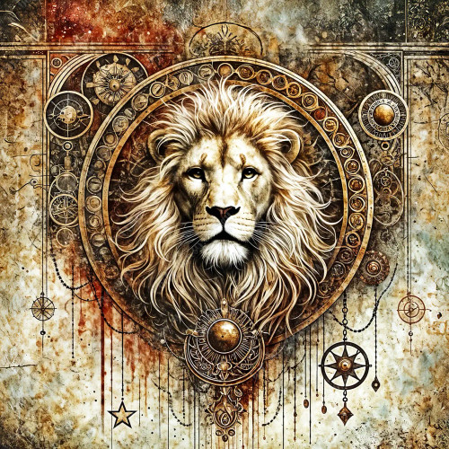 Lion head artwork glowing with cosmic symbols, mystical steampunk gears, and metallic gold accents, perfect for furniture art, wall panels, and creative projects.