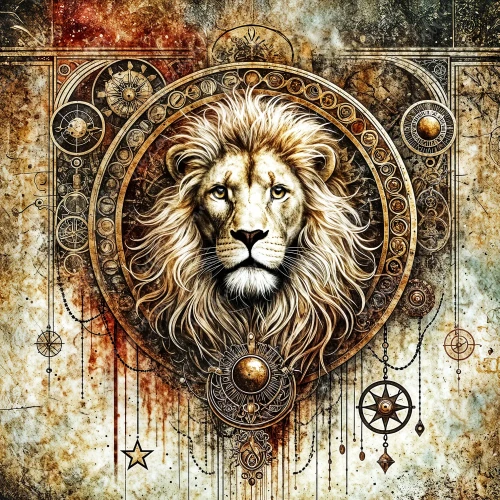 Majestic lion portrait with an ornate, celestial-inspired halo surrounded by steampunk clock elements and stars, ideal for unique DIY upcycling and artistic crafts