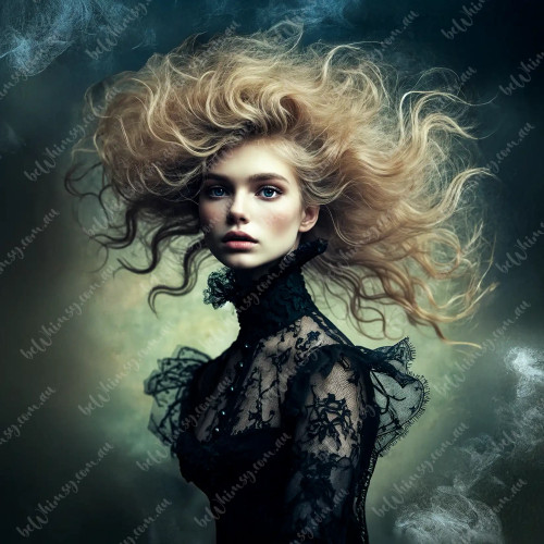 Woman with flowing blonde hair and a dark lace garment against a dark background