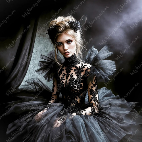 Elegant gothic woman in black lace and tulle, seated in dramatic lighting with floral headpiece and sheer sleeves
