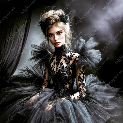High-fashion gothic girl with sheer lace dress and oversized tulle details, styled for hauntingly romantic print design