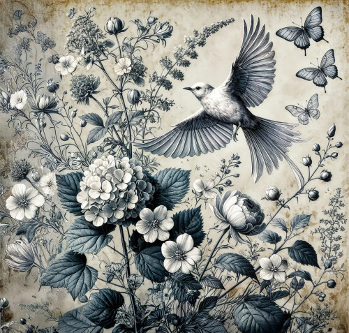 beWhimsy detailed blue botanical print rice paper, mirrored A0 A1 A2 A3 extra large for decoupage and craft