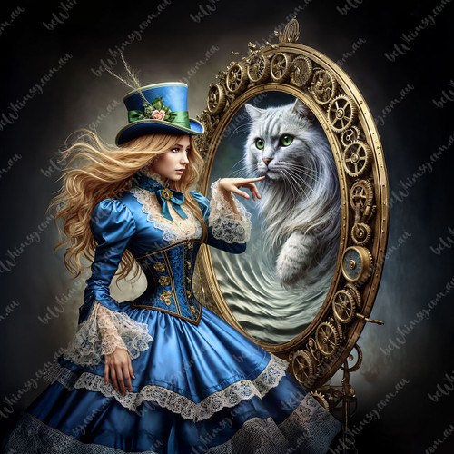 Alice in Wonderland style decoupage paper – woman in blue dress and top hat with cat reflection in a vintage mirror.