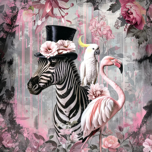 beWHIMSY Zebra Salad decoupage furniture transfer with pink flamingo and white cockatoo.