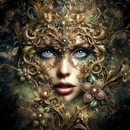 Calanthe, the Gilded Enigma, surrounded by shimmering flowers and baroque patterns on rich premium mulberry paper.