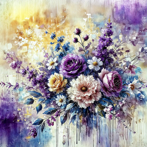 Purple Drippings floral decoupage paper in violet and gold, extra-large rice paper for furniture projects