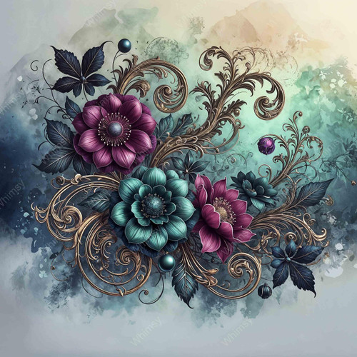 Baroque floral artwork featuring teal, magenta, and deep blue flowers with ornate gold scrolls on a textured teal and cream background.