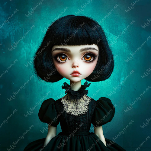 beWhimsy Cosette gothic doll decoupage furniture transfer with deep teal textured background.