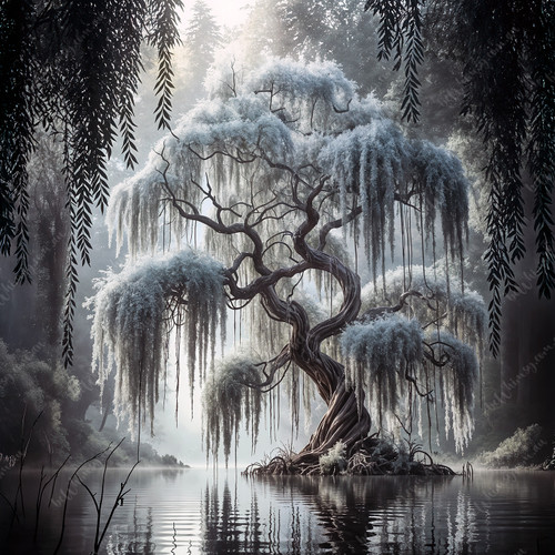Whispers of the Willow by beWhimsy — ethereal fantasy tree reflected on still water, misty forest artwork for decoupage, DIY crafts, and elegant home décor.