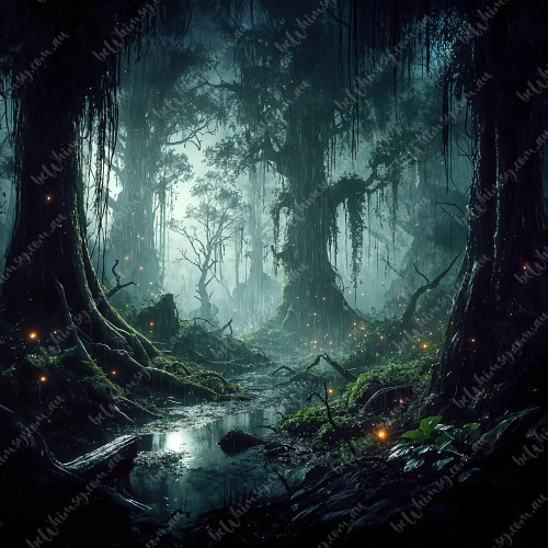 Dark green mystical forest design by beWhimsy, extra large rice paper A0 A1 A2 A3 mirrored format for decoupage art