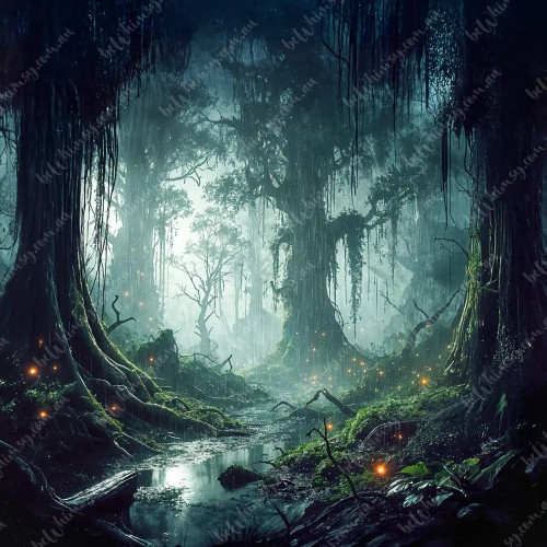 Dark green mystical forest design by beWhimsy, extra large rice paper A0 A1 A2 A3 mirrored format for decoupage art