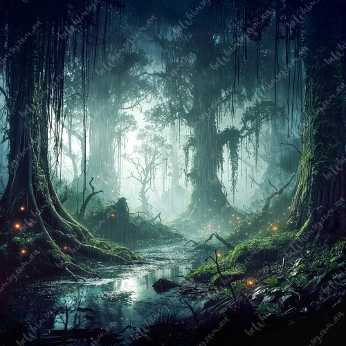 A high-contrast digital painting of a misty, enchanted swamp forest at night with glowing fireflies, ancient mossy trees, and a dark stream reflecting light.