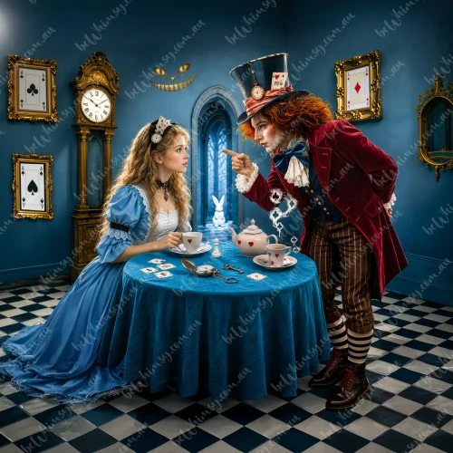 beWHIMSY Mad About Alice decoupage paper featuring Alice in a blue Victorian gown at a tea table with the Mad Hatter.