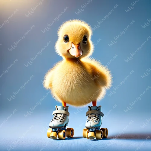 A high-contrast digital illustration of a fluffy yellow duckling standing forward-facing while wearing white quad roller skates with yellow wheels on a soft blue background. ``