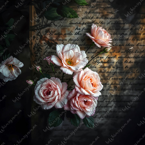 A bouquet of delicate pink roses, gently set against an ancient backdrop of faded script