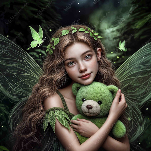 Fairy girl with long hair holding a green teddy bear