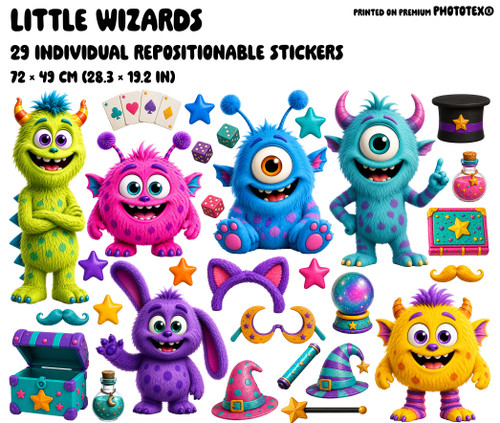 Little Wizards sticker sheet with 22 individual repositionable monster wall stickers and accessories on PhotoTex.