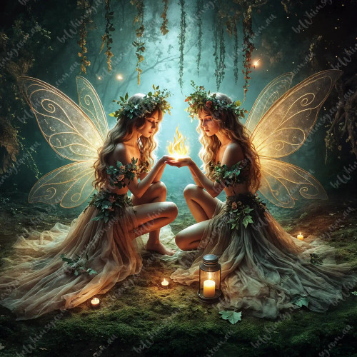 beWhimsy twin woodland fairies with delicate wings, meeting in secret to exchange a small flame kept safe between them