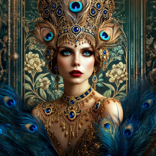 Stunning aristocratic woman in a richly detailed costume with peacock feathers, jewel tones, and a baroque-inspired background—perfect for upcycling, decoupage, and artistic transformations.
