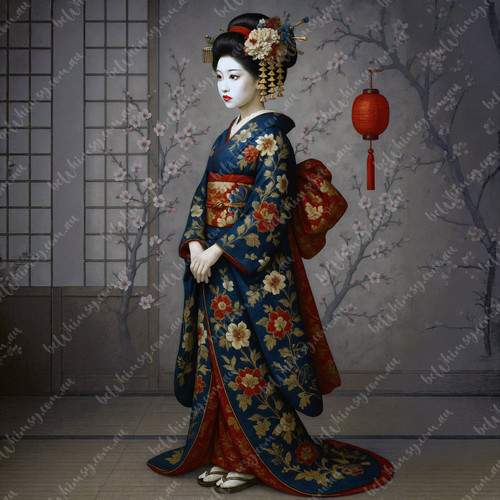 Japanese portrait of a woman in indigo and red floral kimono standing in a traditional room with shoji screens and a red lantern