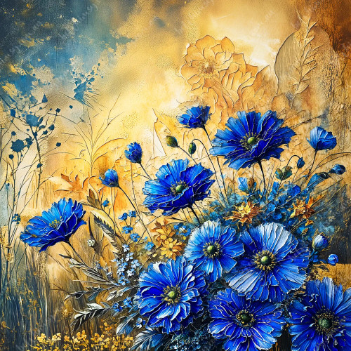 beWhimsy Moon Flowers vibrant blue floral furniture transfer with gold textured background.