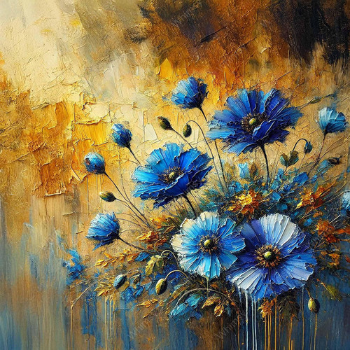 A vibrant artwork featuring a cluster of blue flowers with textured brushwork against a golden background.