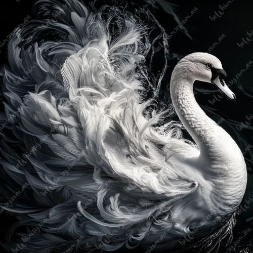 beWHIMSY Grace ethereal white swan decoupage furniture transfer with flowing feathers and black background.