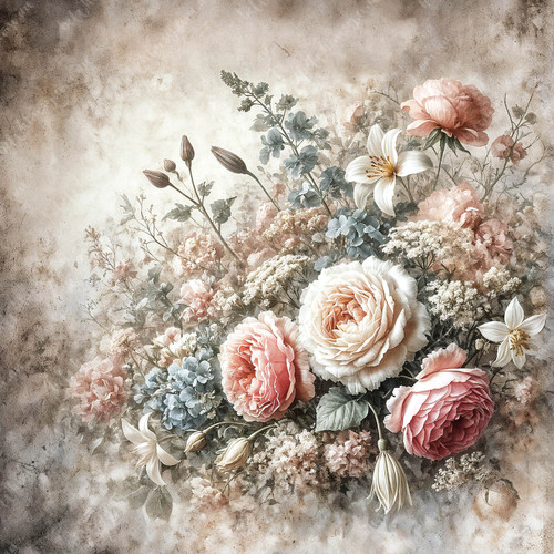 Le Rose by beWhimsy — vintage rose bouquet in soft pinks and creams, romantic floral artwork for decoupage and elegant décor.