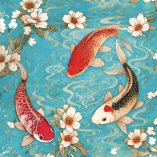 Sakura Koi decoupage paper with koi fish swimming among cherry blossoms