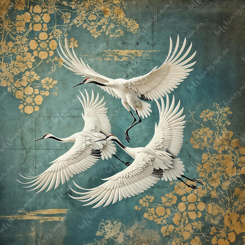 Three cranes soaring across teal sky with gold accents, vintage Japanese-inspired decoupage design