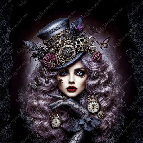 Steampunk woman with gears and clock details decoupage paper for furniture artists