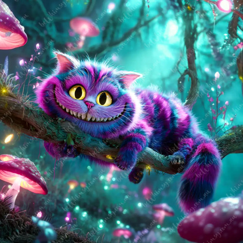 Vibrant Cheshire Cat hanging lazily on a branch in a glowing teal forest with pink mushrooms and bright purple-pink stripes