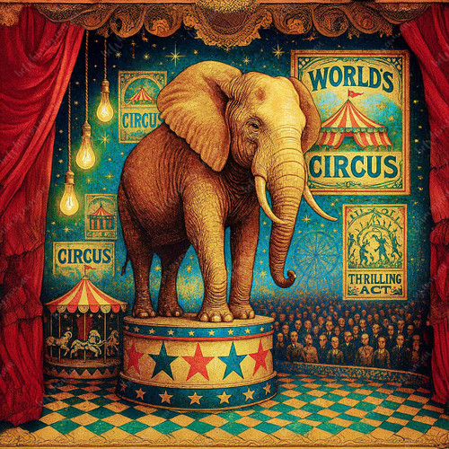 circus elephant standing proudly on stage, colorful vintage decoupage paper