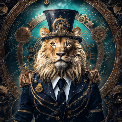 High-Quality Decoupage Rice Paper Kompass Paper print featuring Regulator Leo, a strong Steampunk Lion in a military uniform and gear-covered top hat. Available in mirrored option and sizes A0, A1, A2, A3. Wrinkle-free and tear-resistant for furniture upcycling and crafts.