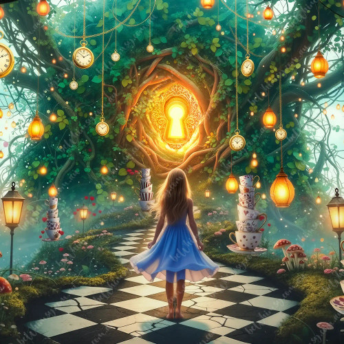 Dreamlike landscape where a girl's journey leads to a radiant keyhole portal, framed by intricate vines, with glowing red and white mushrooms, and a sky filled with ornate golden clocks and light-filled lanterns.
