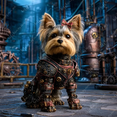 Steampunk Yorkshire Terrier dog with intricate brass and gear-covered exosuit standing in a blue-teal industrial factory setting