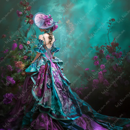 Victorian-style woman in ornate teal and purple gown standing in a floral garden scene