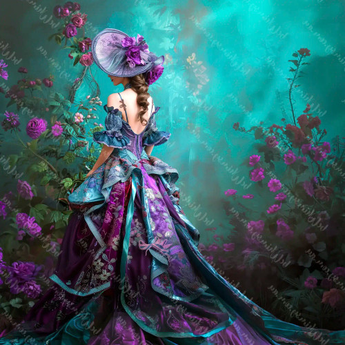 Surreal garden portrait with vintage dress, floral details and moody teal background