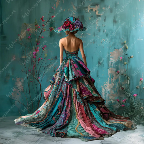 Woman in layered teal and pink patchwork gown seen from behind against distressed turquoise wall