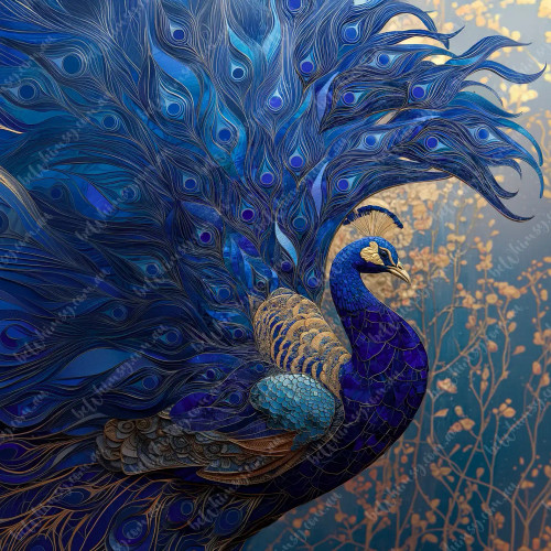 Blue peacock with flowing tail feathers in gold and teal art nouveau style