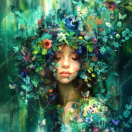 Dreamy nature portrait of woman emerging from leaves and flowers in deep green tones,