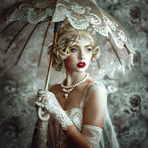 Vintage glamour portrait of a woman holding a lace parasol, wearing pearls, lace gloves and red lipstick, beWhimsy
