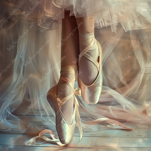 beWhimsy ballet dancer standing en pointe in satin shoes, pausing alone on the studio floor after rehearsal ends