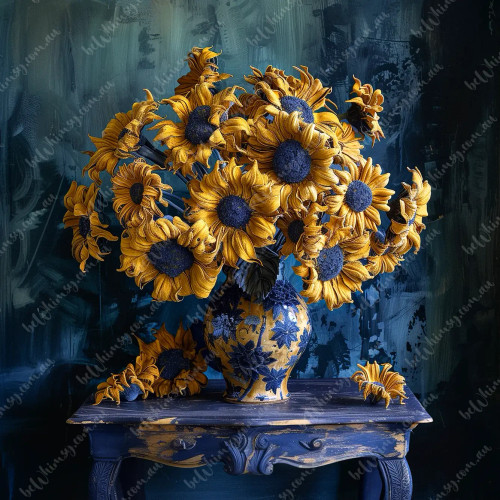 beWhimsy clay sunflowers arranged in a deep indigo vase on a painted blue table, beginning to shift as if waking