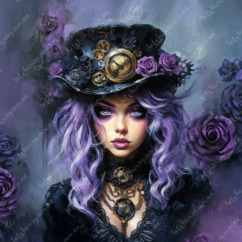 beWhimsy moody steampunk woman in black lace and clockwork hat against a painterly background